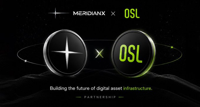 A promotional graphic announcing the MeridianX × OSL (HKEX: 863) partnership, featuring two circular logos with a star and "OSL" text on a dark cosmic background, with the tagline "Building the future of digital asset infrastructure."
