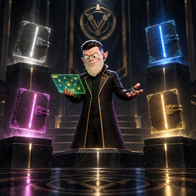 A bearded character labeled "M" stands in a grand hall holding a glowing network diagram, surrounded by four illuminated treasure chests. The image visually represents "The Master Sweep" as the figure channels game revenue from the locked chests (Archives) into an interconnected network (the player base).