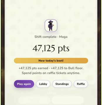 A mobile app screen displays 'Shift complete · Mega' with a score of 47,125 pts labeled as 'New today's best!' alongside buttons for Play again, Lobby, Standings, and Raffle.