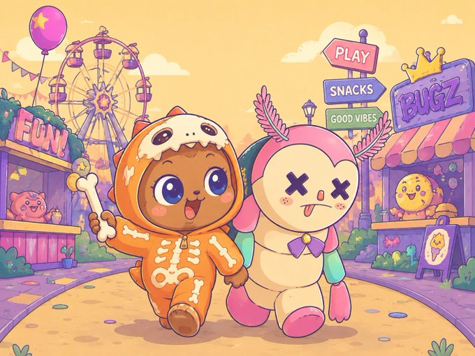 A whimsical illustration shows two adorable mascot characters—one dressed in an orange skeleton hooded onesie holding a bone, and the other a pink axolotl-like creature with a purple bow—holding hands at a colorful carnival featuring signs reading "PLAY," "SNACKS," "GOOD VIBES," "BUGZ," and "FUN," with a Ferris wheel in the background.

This cheerful, playful scene pairs nicely with the post's positive tone about @unvault's fresh approach to omnichain identity and metadata preservation for NFTs, with the carnival imagery of accessible fun zones and rides symbolizing the freedom of cross-chain movement for digital collectibles.