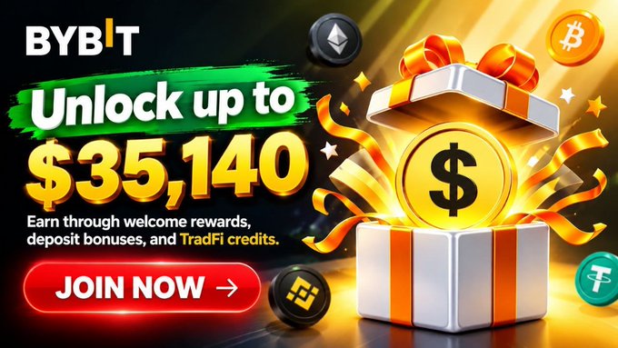 A promotional banner for Bybit cryptocurrency exchange advertising 'Unlock up to $35,140' through welcome rewards, deposit bonuses, and TradFi credits, featuring a gift box with cryptocurrency coins.