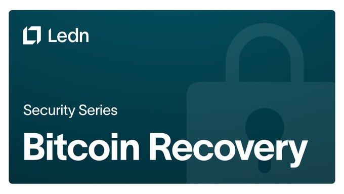 A dark teal graphic for Ledn's 'Security Series' features a padlock icon and the title 'Bitcoin Recovery' in large white text.