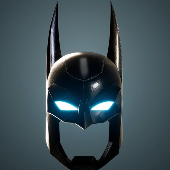 A 3D rendering of a sleek, black Batman cowl/mask with tall pointed ears and glowing bright cyan eyes against a gradient blue-gray background.