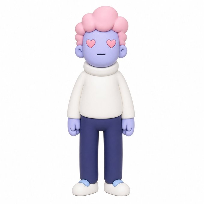 A 3D-rendered cartoon figure with light purple skin, pink cloud-like hair, heart-shaped eyes, a white turtleneck sweater, dark blue pants, and white shoes, standing against a plain white background.