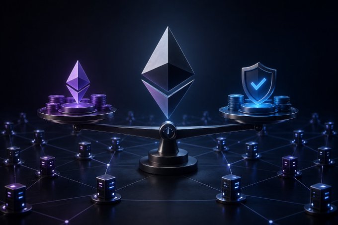 The image shows a scale balancing an Ethereum logo and purple staking tokens on one side against a security shield on the other, surrounded by a network of connected validators, visually representing Ethereum's core challenge of weighing staking rewards against network security.