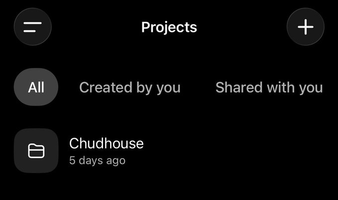A dark-mode 'Projects' interface screen with navigation buttons and tabs for 'All', 'Created by you', and 'Shared with you', currently displaying a single folder named 'Chudhouse' created 5 days ago.