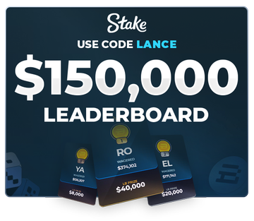 A promotional graphic for Stake's "$150,000 LEADERBOARD" featuring the code "LANCE," highlighting top performers with names like YA, RO, and EL alongside prize amounts of $40,000, $35,000, and $20,000. The image visually reinforces the post's announcement of a $150,000 monthly leaderboard challenge and invites viewers to sign up using the code "LANCE."