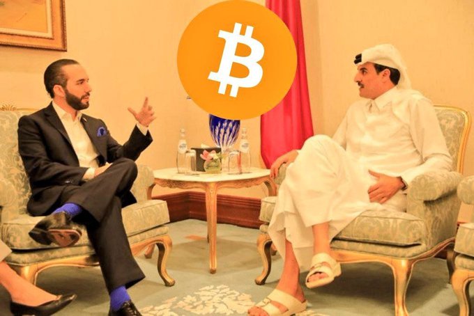 The image shows a man in a suit and another man in traditional Qatari attire seated across from each other in what appears to be a formal diplomatic meeting, with the Bitcoin (₿) logo prominently displayed between them. The scene visually reinforces the post's claim about Qatar potentially investing billions in Bitcoin, suggesting a high-level discussion between the two parties regarding cryptocurrency.