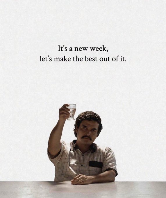 A man with a mustache raises a glass in a toast, paired with the text "It's a new week, let's make the best out of it." The image serves as a cheerful greeting to energize the community for a productive week ahead.