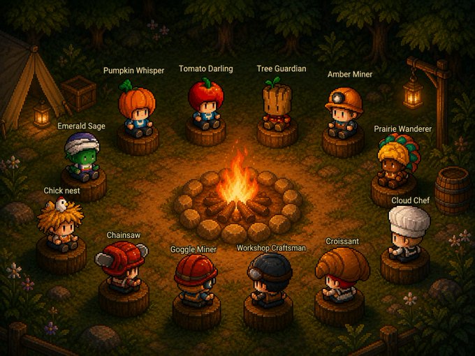 Twelve pixel-art character figurines—including the Pumpkin Whisper, Tomato Darling, Tree Guardian, Amber Miner, Emerald Sage, Prairie Wanderer, Chick nest, Cloud Chef, Chainsaw, Goggle Miner, Workshop Craftsman, and Croissant—are gathered around a campfire in a forest setting, representing collectible in-game characters from CiDi Games on the Pi Network's Elf Continent. The scene visually illustrates the diverse, verified Pi ecosystem gameplay described in the accompanying post, where users engage with a sanctioned Mainnet app rather than spending Pi in unverified places.