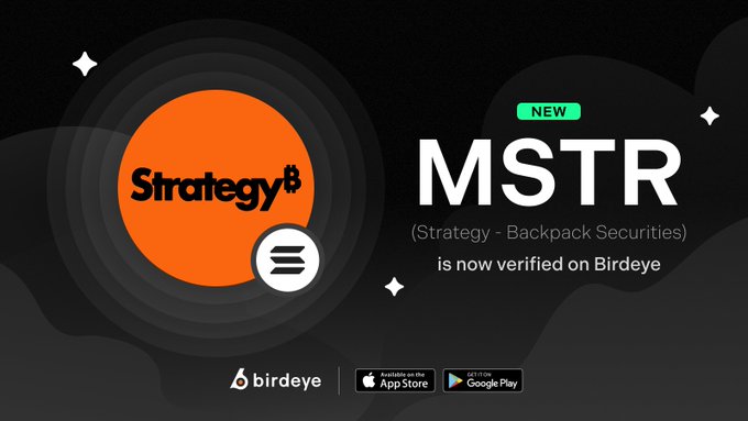 A promotional graphic with a dark background featuring an orange circle logo for "Strategy" with a backpack icon, announcing that MSTR (Strategy - Backpack Securities) is now verified on Birdeye, complete with App Store and Google Play download badges. The image visualizes the announcement of the tokenized MicroStrategy stock being available on Birdeye, with the "NEW" label highlighting its recent launch on the platform.