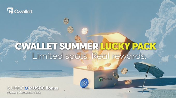 A promotional graphic for "Cwallet Summer Lucky Pack" featuring an open box spilling gold coins against a beach backdrop, advertising a deal to pay 5 USDC and receive 12 USDC Bonus plus a Mystery Memecoin Pack, matching the post's details about the limited-time giveaway running July 27–31.