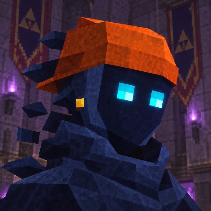 A 3D rendered Minecraft-style character with a dark blue blocky body, glowing cyan eyes, gold earrings, and an orange head covering, set against a background of stone pillars and purple banners bearing the Triforce symbol.