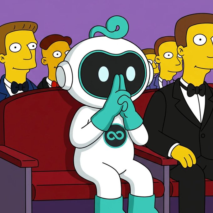 A cartoon robot with an infinity logo sits quietly among suited politicians, holding its hands together in a pleading gesture. The image humorously captures the absurdity of waiting for crypto legislation amid political inaction.