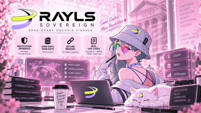 A vibrant anime-style illustration features the "RAYLS SOVEREIGN - BANK-GRADE ONCHAIN FINANCE" logo alongside a gray-haired character with a cat, surrounded by feature highlights like "Institution Operated," "Own Data Own Keys," and "Secure Bridges" (USDXP, DREX, J.P. Morgan), visually emphasizing the post's message of compliant, institutional-ready blockchain infrastructure where banks maintain control.
