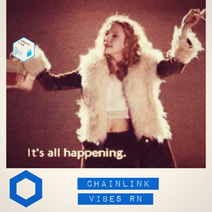 A vintage-style photo of a woman in a white fur vest with arms raised, captioned 'It's all happening,' with Chainlink branding and 'CHAINLINK VIBES RN' text.