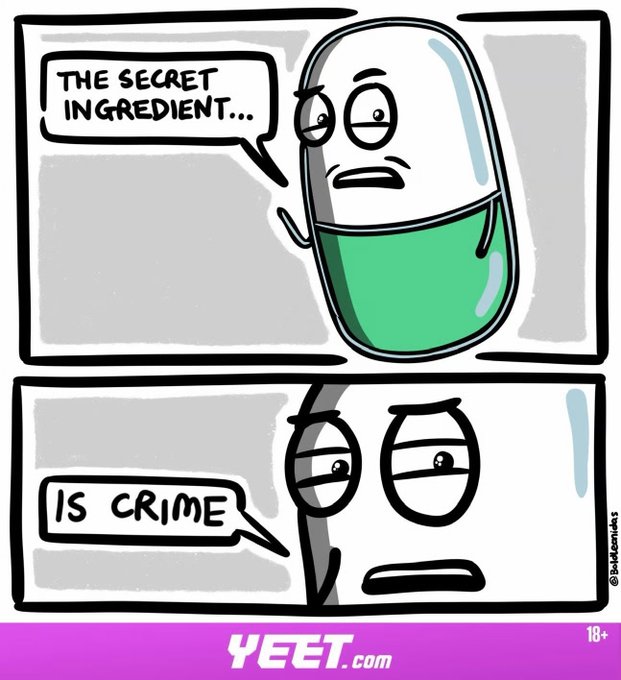 The image is a two-panel comic featuring a suspicious pill character that says "THE SECRET INGREDIENT..." followed by "IS CRIME," humorously poking fun at shady practices in the crypto market—fitting for a post discussing Bitcoin's price movement, altcoin activity, and significant liquidations.