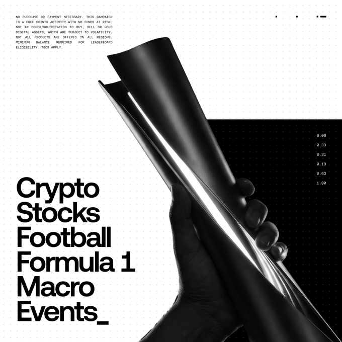 A black-and-white promotional image for OKX's Outcomes League features a hand holding a sleek, cylindrical object against a dotted background, with the bold text "Crypto Stocks Football Formula 1 Macro Events_" prominently displayed alongside a list of decimal values (0.00, 0.33, 0.31, 0.13, 0.63, 1.00) and a disclaimer about a no-purchase-necessary campaign—this aligns with the post about making picks across crypto, stocks, international football, and other weekly events for gameweek rewards on the OKX app.