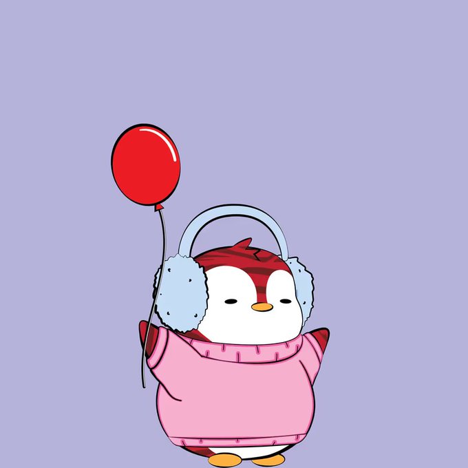 An illustration of a cute cartoon penguin character wearing a pink sweater and earmuffs, holding a red balloon.
