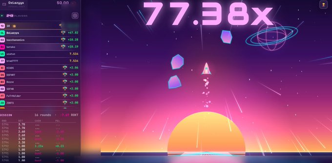 A retro-style 'Outlaws' game screen showing a multiplier of '77.38x' over a neon sunset with a rocket, alongside a leaderboard of player names and scores.