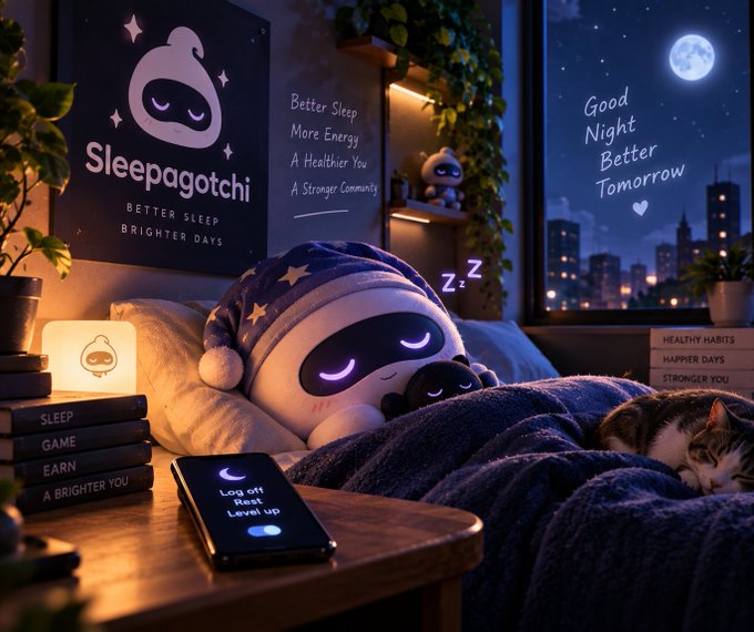 An illustrated bedroom scene shows a person in a "Sleepagotchi" sleep mask in bed with a cat, alongside branded merchandise, books, and a phone displaying "Log off Rest Level up" with "Good Night Better Tomorrow" written near the window.