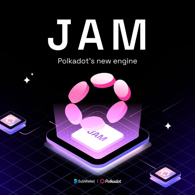 The image features a purple square with a white circle containing pink circles, which appears to be a representation of a new engine for the cryptocurrency Polkadot. The text "JAM" is written above this design element. The background of the image is black and has a blue gradient effect on it. There are also some stars scattered around the image.
