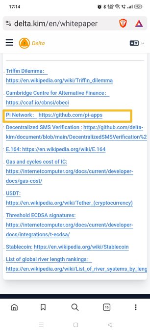 A mobile screenshot of the Delta project's whitepaper webpage (delta.kim/en/whitepaper) displays a list of references, with an orange box highlighting a link to "Pi Network: https://github.com/pi-apps," supporting the post's claim that the Delta project, led by ICP, credits Pi Network in its documentation regarding micro-transaction tokenomics.