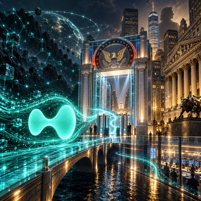 A futuristic digital artwork depicting a glowing gateway or portal with an eagle emblem, flanked by classical columns and the New York Stock Exchange building with its iconic bull statue, featuring neon green energy waves and a DNA-like helix shape.