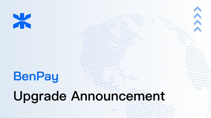 A promotional slide for BenPay displays the company logo, a dotted globe graphic, and the text "Upgrade Announcement."