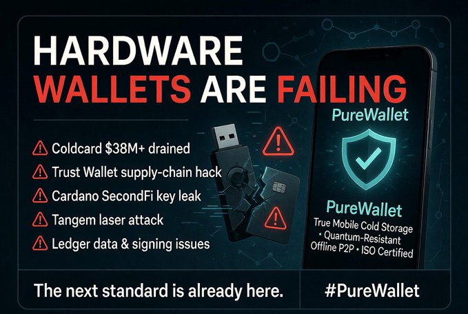 An advertisement for PureWallet titled 'HARDWARE WALLETS ARE FAILING,' highlighting security failures at Coldcard, Trust Wallet, Cardano SecondFi, Tangem, and Ledger, while promoting PureWallet as a quantum-resistant offline P2P ISO-certified alternative.