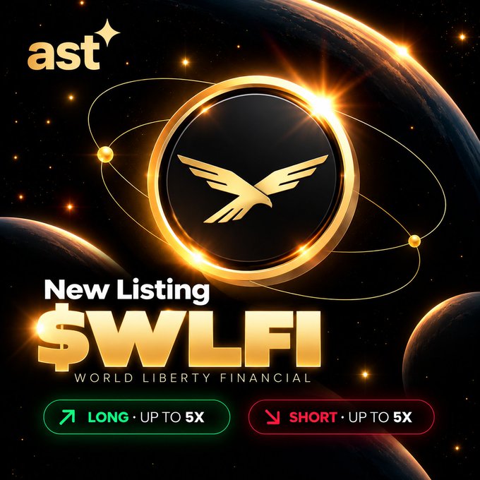 A cryptocurrency promotional graphic for 'New Listing $WLFI WORLD LIBERTY FINANCIAL' with gold coin and eagle logo against a space backdrop, advertising LONG and SHORT up to 5x.
