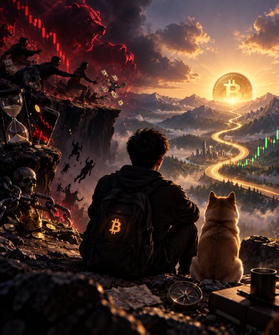 A digital artwork depicts a person with a Bitcoin-themed backpack and an orange cat overlooking a landscape with a glowing Bitcoin coin in the sky, contrasted by a dark cliffside filled with falling figures and stock charts.