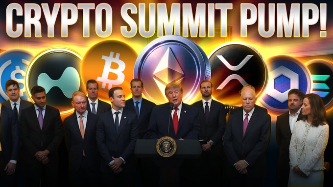 Bold "CRYPTO SUMMIT PUMP!" headline overlays an image of a political figure at a presidential podium surrounded by officials and digital representatives, alongside coin logos representing BTC, ETH, XRP, SOL, and others — visually promoting the YouTube video's claim of a historic crypto market surge.