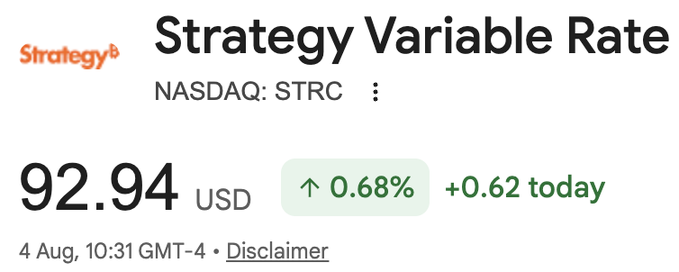 The image shows the Strategy Variable Rate stock (NASDAQ: STRC) trading at $92.94 USD, up 0.68% or $0.62 today. This relates to the post's claim of STRC's return to $100 due to a buyback program in a bull market.