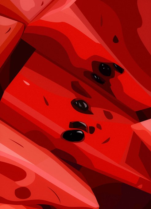An abstract digital illustration featuring glossy red geometric shapes with dark, liquid-like droplets scattered across the surfaces.