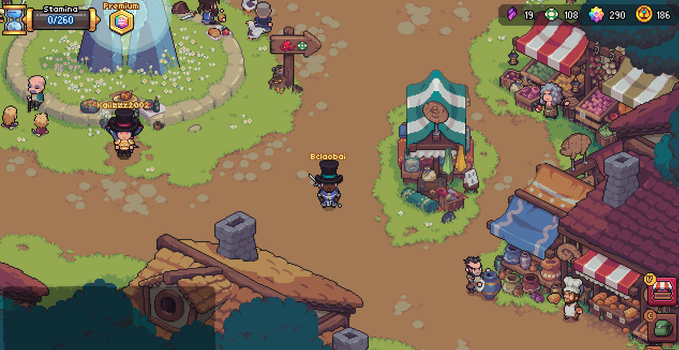 The image shows a cartoon-style map of a village with various buildings, including a castle and a marketplace. The village appears to be populated by people who are engaged in different activities such as farming or selling goods at the market. There is also a large tower visible on the left side of the image. The post includes information about the game's rating system and the number of players currently participating in the game, along with some text that reads "灯塔 @The_Beacon_GG 充了40u", which translates to "The village is populated by 40 people".