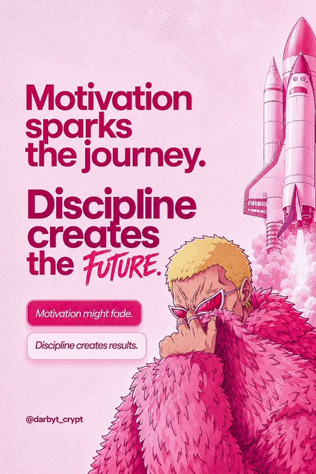 A motivational pink-toned poster featuring an anime-style character with blonde hair and sunglasses alongside a rocket launch, reading "Motivation sparks the journey. Discipline creates the FUTURE." with the handle @darbyt_crypt.