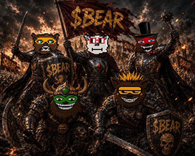 A fantasy battle scene illustration features warriors in dark armor holding swords, shields, and a flag, with their faces replaced by cartoonish '$BEAR' meme characters.