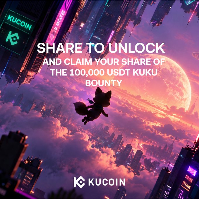 A KuCoin promotional banner set against a futuristic cityscape and large planet features a fox-like mascot in mid-flight, with bold text reading "SHARE TO UNLOCK AND CLAIM YOUR SHARE OF THE 100,000 USDT KUKU BOUNTY" alongside the KuCoin logo and "#KuKuUniverse" branding, directly promoting the social sharing and trading tasks outlined in the mission post.