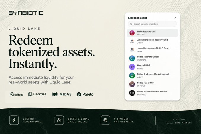 A promotional graphic for Symbiotic's 'Liquid Lane' service reading 'Redeem tokenized assets. Instantly,' featuring a dropdown menu with asset names like 'Midas Fasanara ONE' and 'Hastra PRIME,' alongside partner logos for Centrifuge, Hastra, Midas, and Pareto.