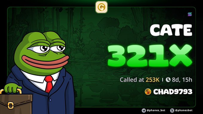 A Pepe the Frog character in a suit holds a briefcase, alongside the text "CATE 321X" and "CHAD9793", likely representing a successful trade or call. This image visually reinforces the post's message of recent success and expansion opportunities.