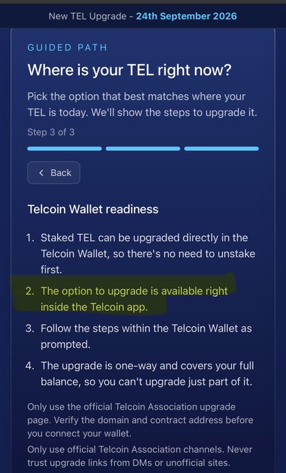 A Telcoin app screenshot titled 'New TEL Upgrade - 24th September 2026' showing 'Guided Path: Where is your TEL right now?' with step 3 of 3 about Telcoin Wallet readiness.