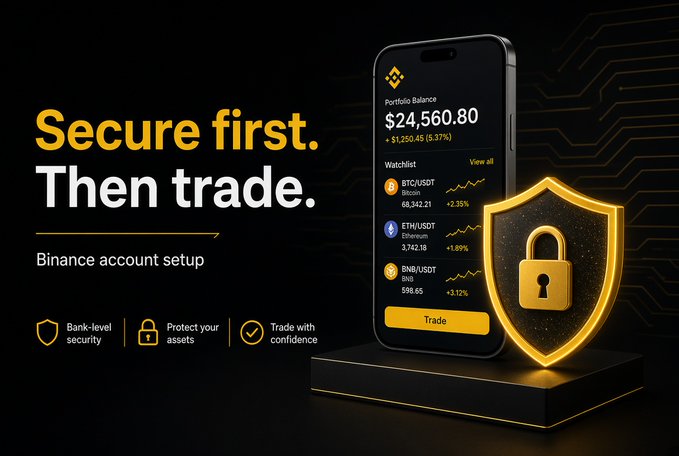 A Binance promotional banner reads 'Secure first. Then trade.' and 'Binance account setup' alongside a phone displaying a portfolio balance of $24,560.80 and a watchlist with BTC/USDT, ETH/USDT, and BNB/USDT pairs.