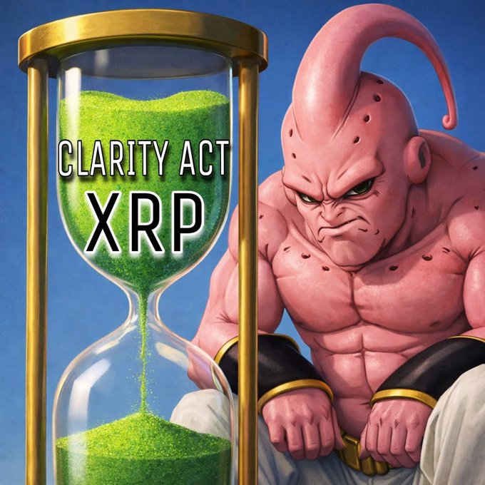 An hourglass labeled "CLARITY ACT XRP" filled with green sand stands next to a muscular, pink-skinned character resembling Piccolo, who looks impatient against a blue background.