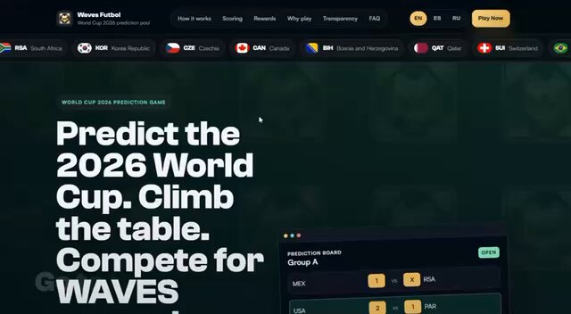 The image shows a website for a sports betting app called Waves Futbol, which has a green background with white text. The main focus of the image is a table that displays information about predicting the outcome of the 2026 World Cup. The table provides details on how to predict the results and offers an option to compete against other players using the app.