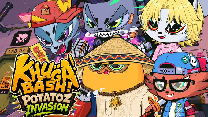 A vibrant promotional image for "KHUGA BASH! POTATOZ INVASION" featuring a cartoonish orange potato character in a straw hat surrounded by colorful, expressive characters including one wearing a red "W" cap and another with blonde hair. The artwork includes bold text branding "LAB-07 R&L LAB" and "KHUGA BASH! POTATOZ INVASION," capturing the playful, community-driven gaming event referenced in the post's announcement of the extended Potatoz Invasion for Khuga and Memeland players.