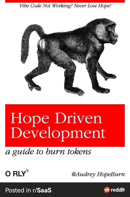 A Reddit post from r/SaaS titled 'Vibe Code Not Working? Never Lose Hope!' featuring a vintage monkey illustration and parody book cover reading 'Hope Driven Development: a guide to burn tokens' by O RLY / @Audrey HopeBurn.
