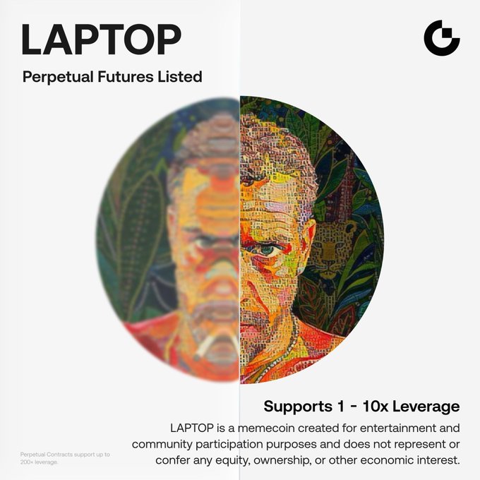 Gate.io announces the listing of $LAPTOP perpetual futures (LAPTOP/USDT) with 1-10x leverage, featuring a circular portrait artwork split between a blurred and detailed pixelated face, accompanied by a disclaimer noting LAPTOP is a memecoin for entertainment purposes only.