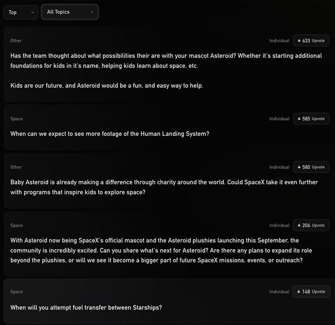 A dark-themed web interface displays a list of community questions, including ones tagged "Space" asking about the "Human Landing System" and "Baby Asteroid," and others tagged "Other" with upvote counts.
