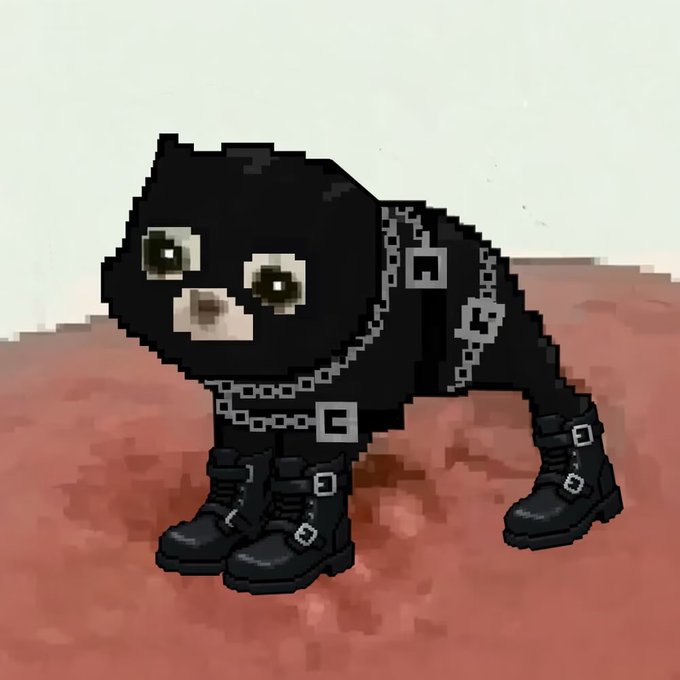 A pixel art illustration of a black puppy with big eyes wearing chains, harnesses, and four black boots, standing on a reddish surface.